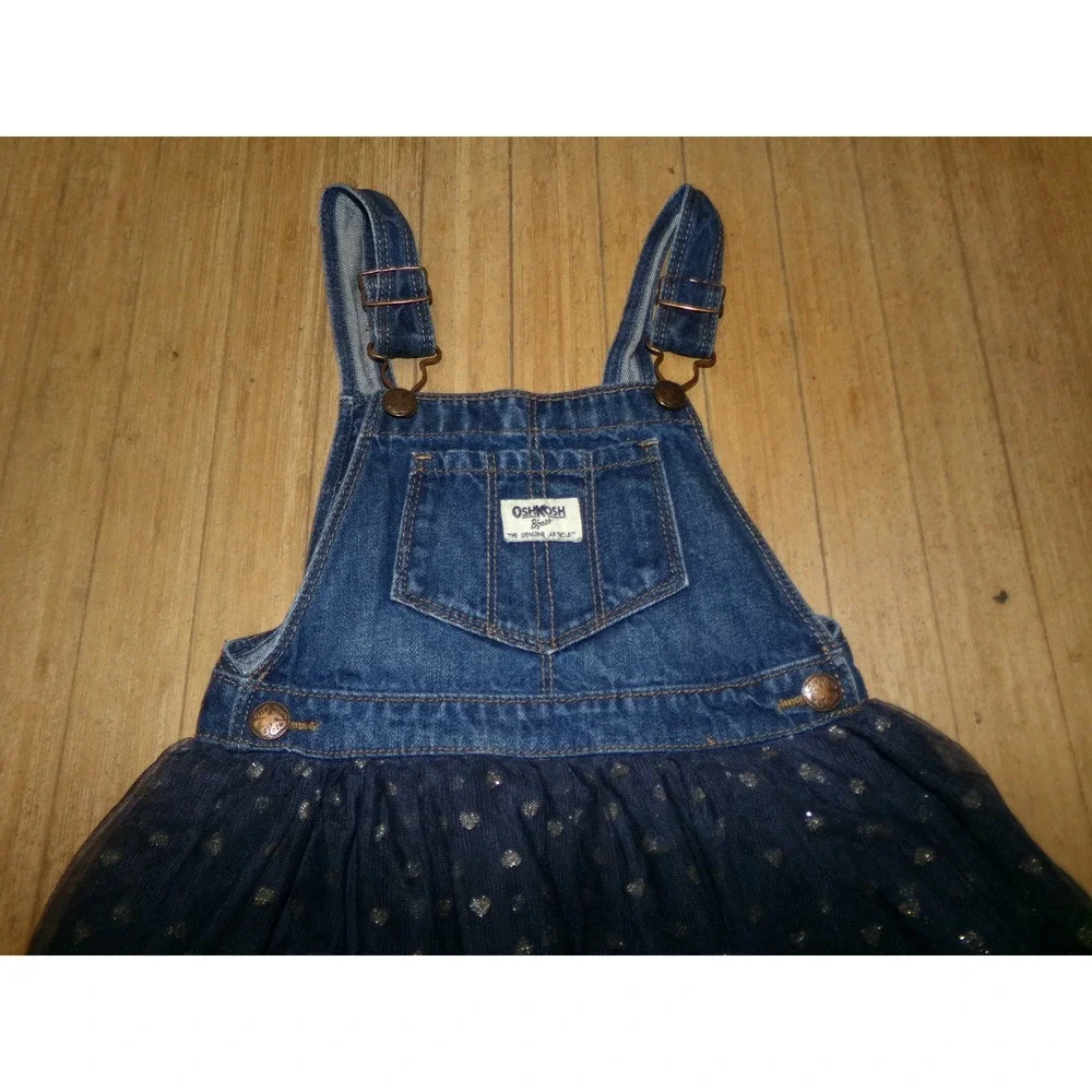 OshKosh Bgosh Girls 5T Denim Tulle Heart Jumper Dress Blue Silver Sparkle
